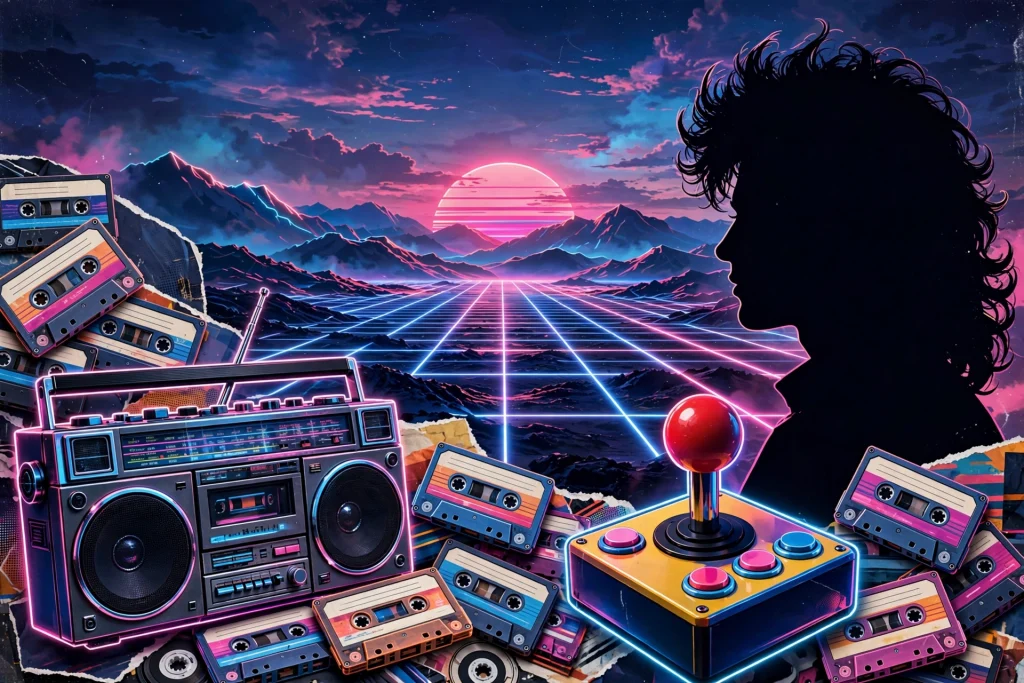 Neon 1980s synthwave collage with boombox, cassette tapes, and glowing neon grid