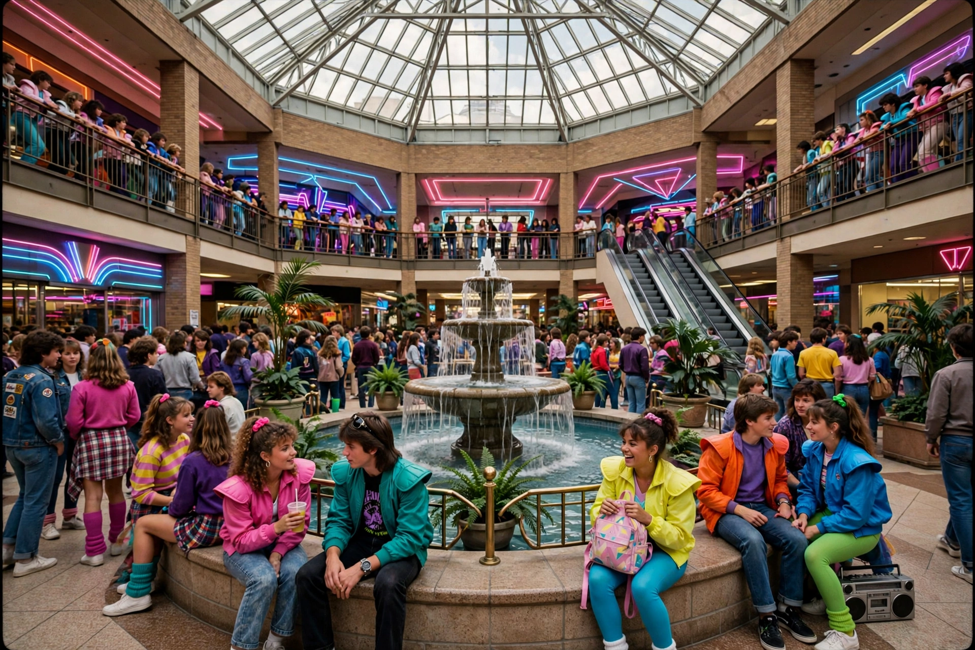Crowded 1980s shopping mall atrium with teenagers in bright 80s fashion