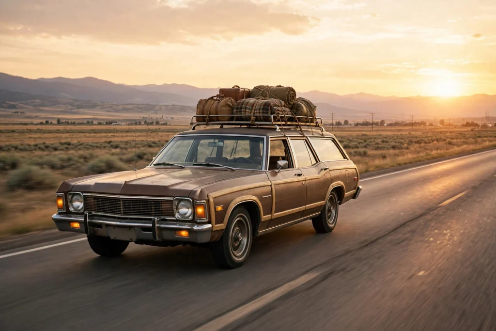 Vintage 1970s wood-paneled station wagon driving down an open American highway at golden hour with luggage strapped on the roof, from the era of road trips before GPS