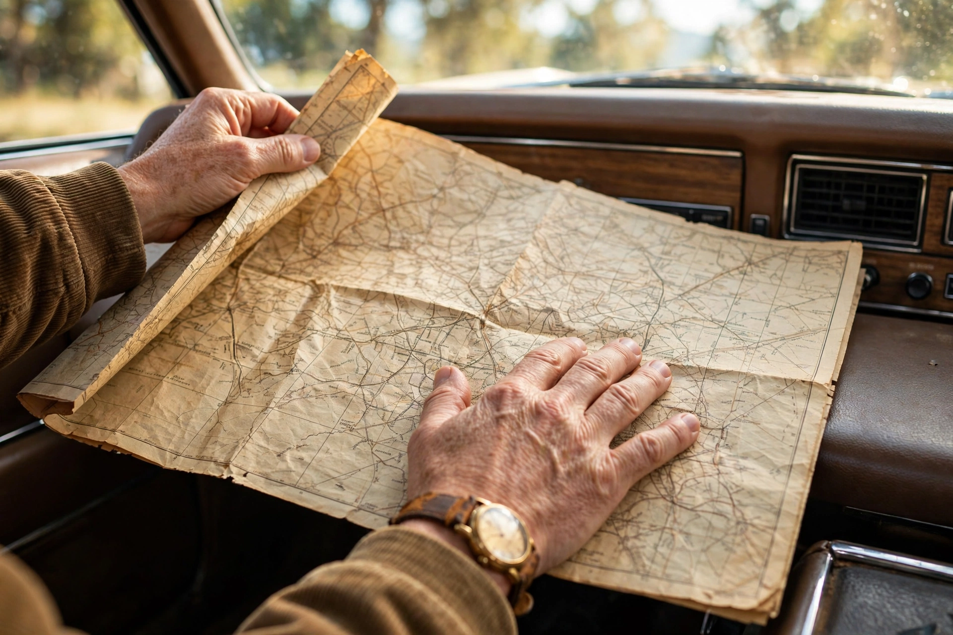 Close-up of hands unfolding a large vintage paper road map across a 1970s car dashboard, from the era of road trips before GPS