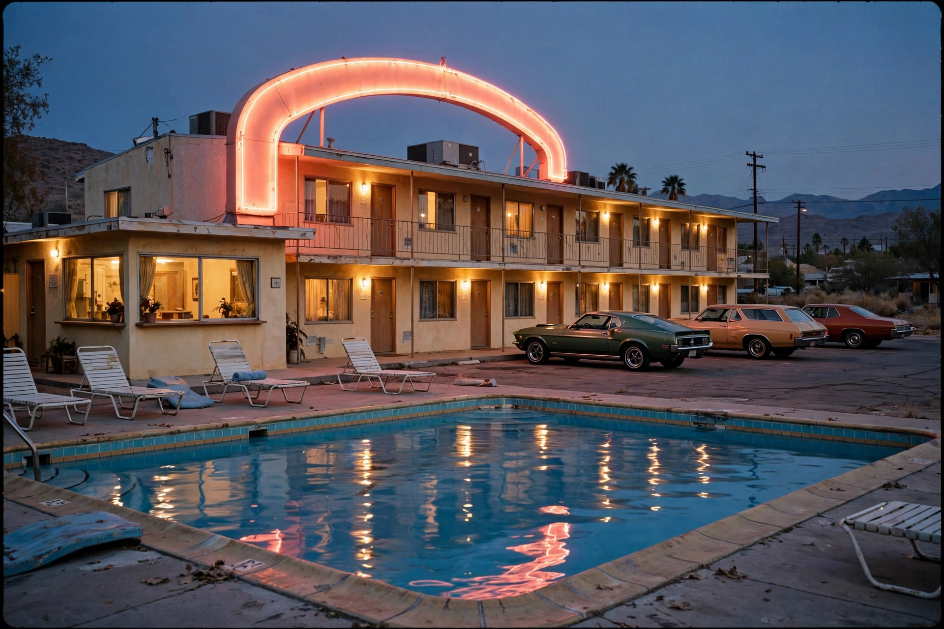 Classic American roadside motel at dusk with glowing neon vacancy sign and swimming pool in the foreground