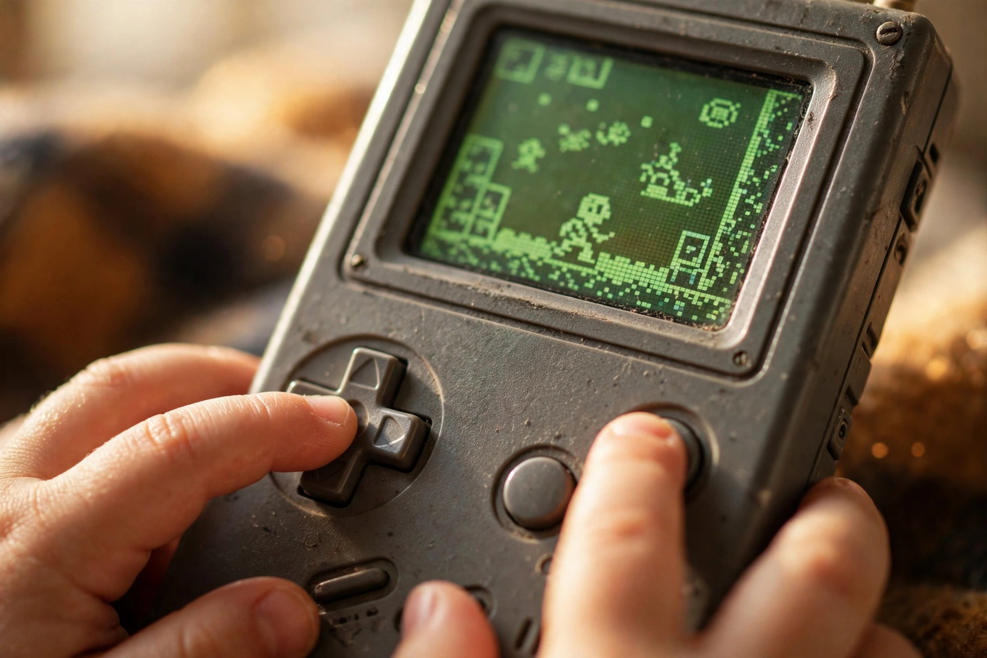 Close-up of small fingers pressing buttons on a classic gray handheld game console with a pixelated green screen