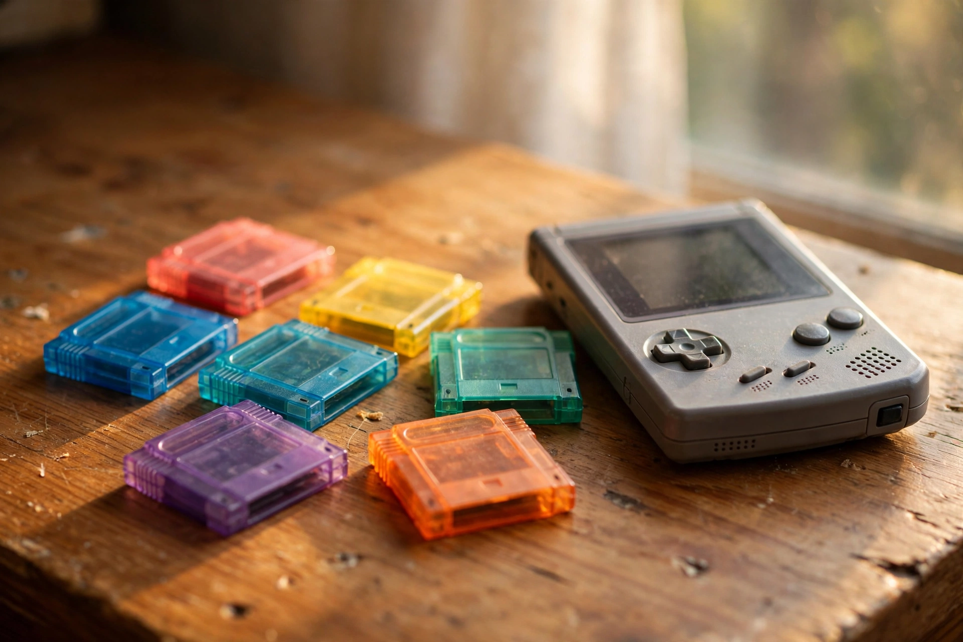 Collection of colorful handheld game cartridges spread on a wooden desk in warm nostalgic light