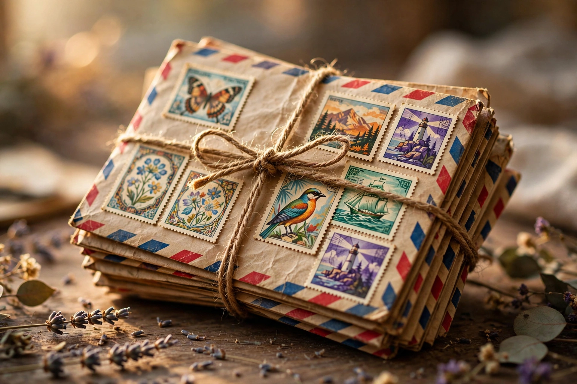 Old paper envelopes with colorful foreign postage stamps and an airmail border, tied with string