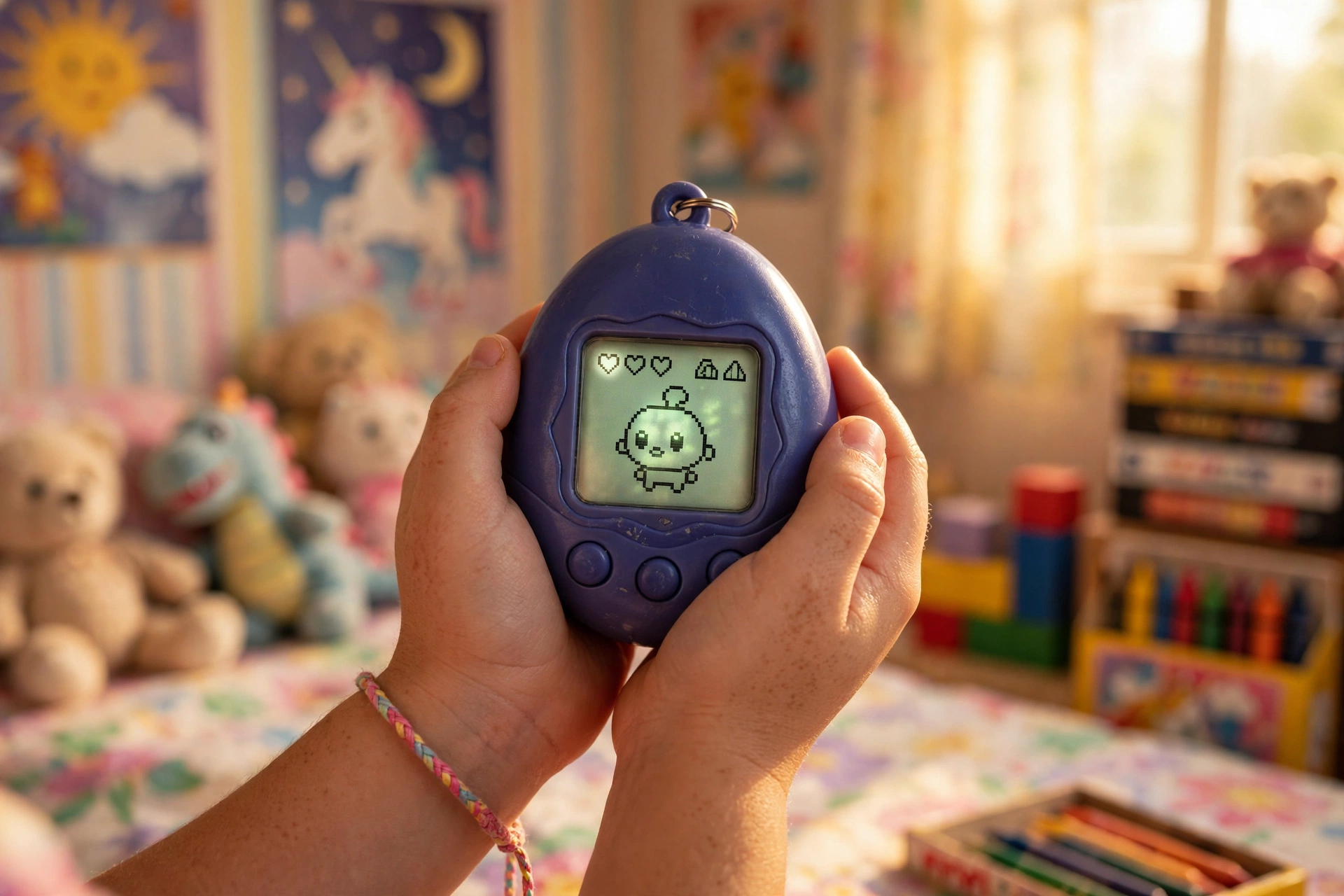 Child's hands holding a Tamagotchi digital pet, one of the most iconic 90s toys, with a 1990s bedroom in the background