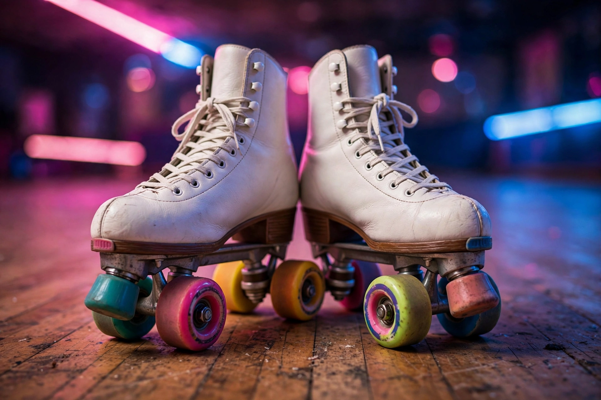 Pair of retro quad roller skates with white boots and colorful wheels under neon rink lighting