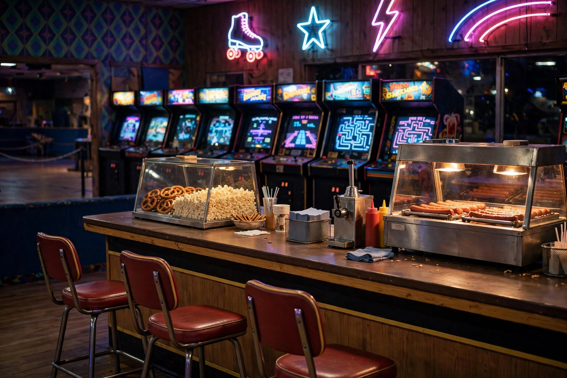 1990s roller rink snack bar with arcade machines glowing in the background