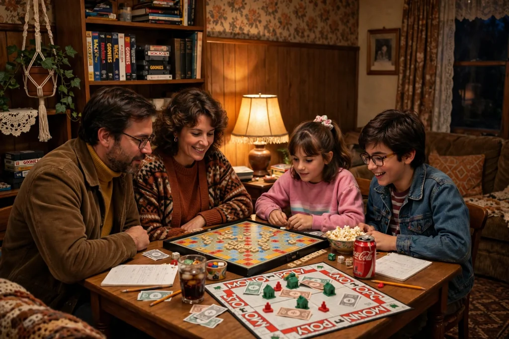 Family gathered around a table playing classic board games on a cozy evening