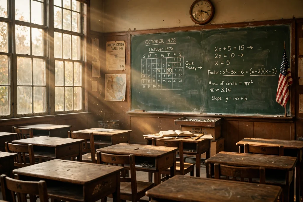 Vintage 1970s classroom with green chalkboard and wooden desks in warm sunlight