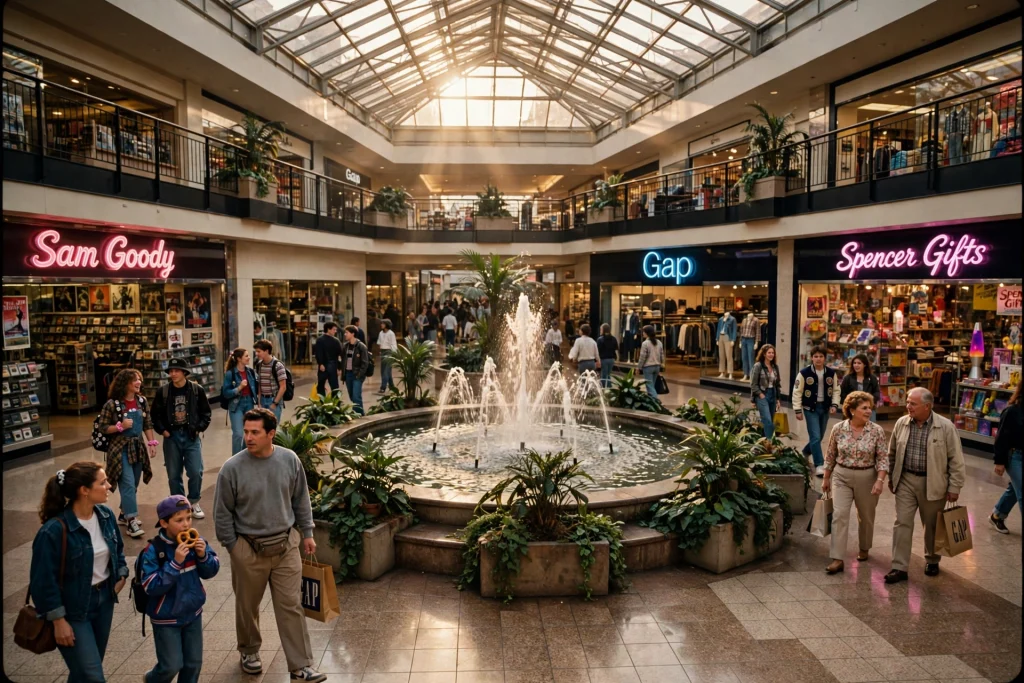 1990s shopping mall interior with a central fountain, skylight ceiling, neon storefront signs, and shoppers
