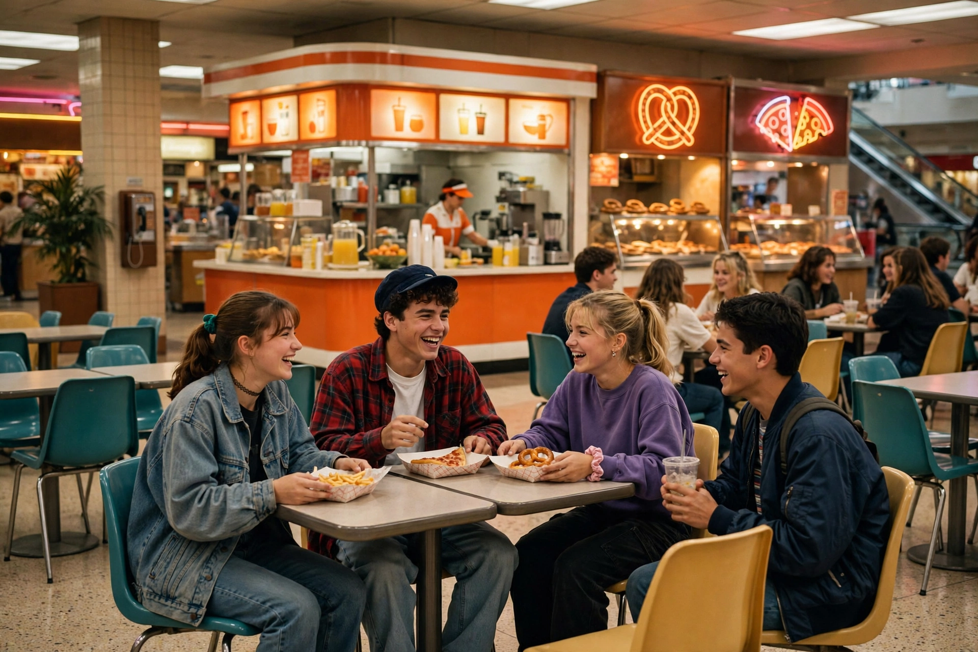 1990s mall food court with an orange juice stand, neon pretzel and pizza signs, and teens sharing food