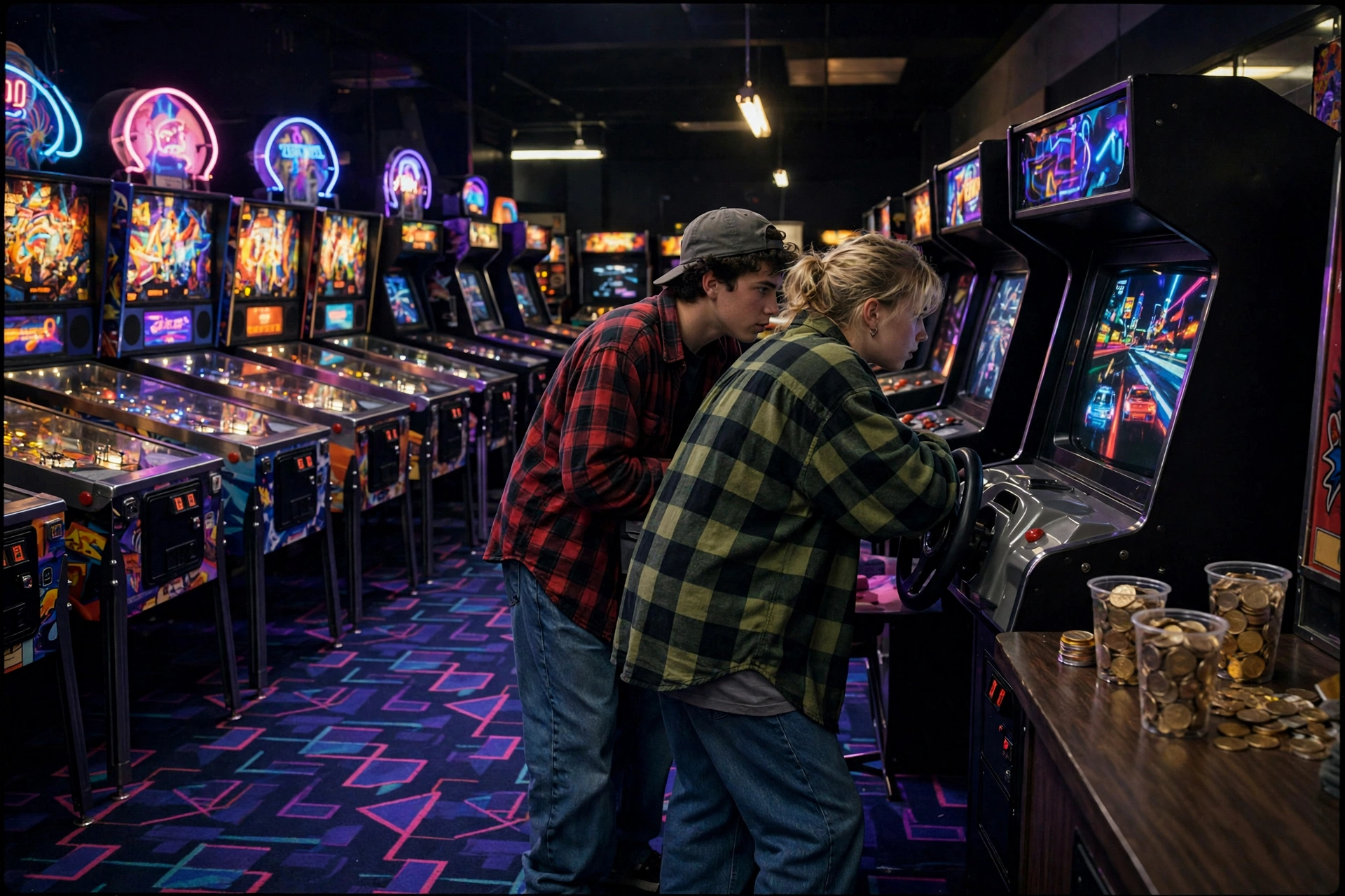 1990s mall arcade corner with glowing pinball machines and teens playing a racing game