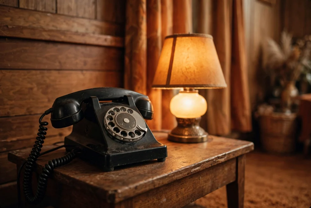 Vintage black rotary dial telephone on a wooden side table in a warm 1970s living room with a glowing lamp