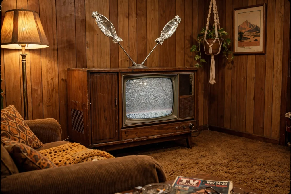 Vintage wooden console TV with rabbit ear antennas wrapped in tin foil in a cozy 1970s living room