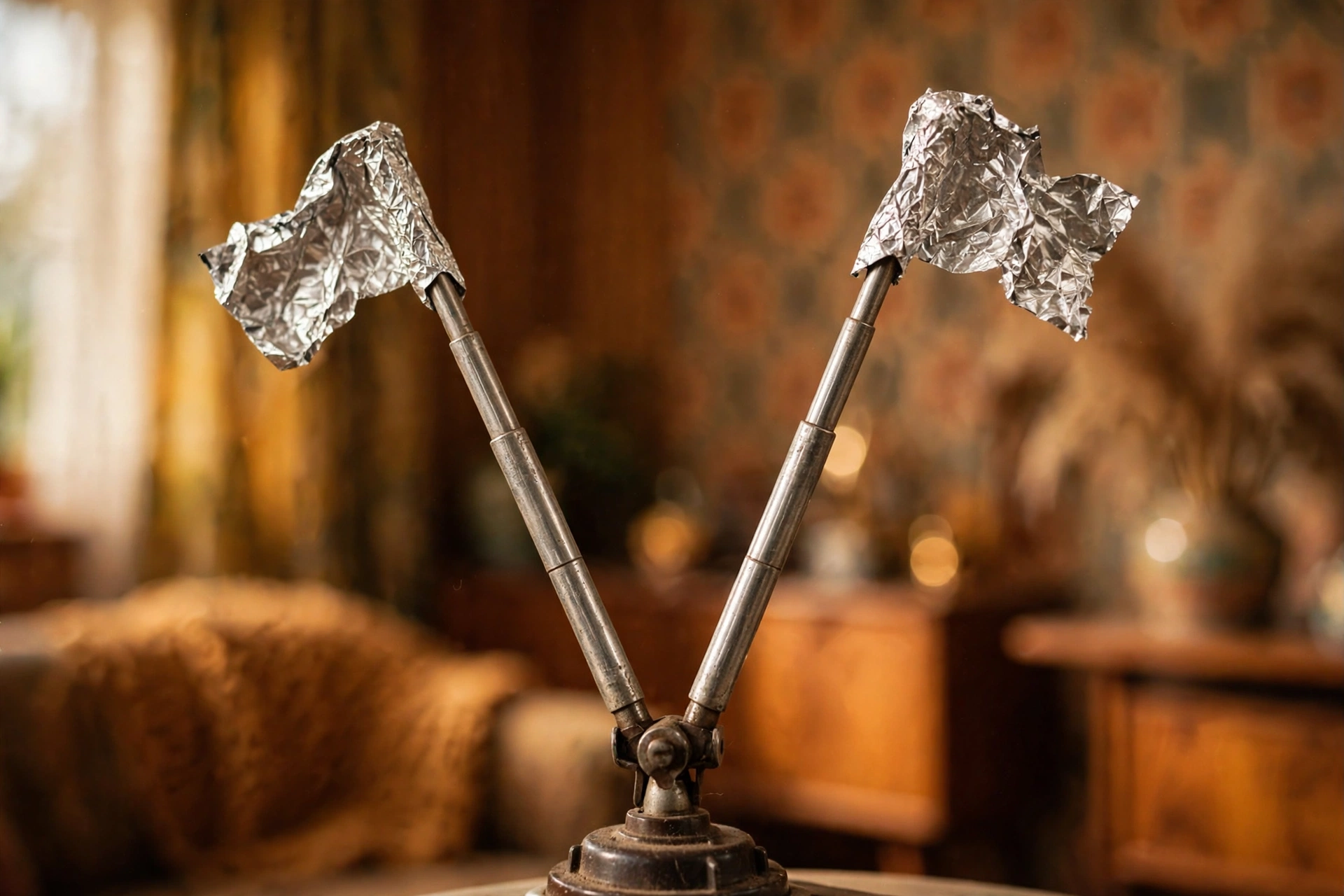 Close-up of rabbit ear antennas with crinkled tin foil wrapped around the metal tips