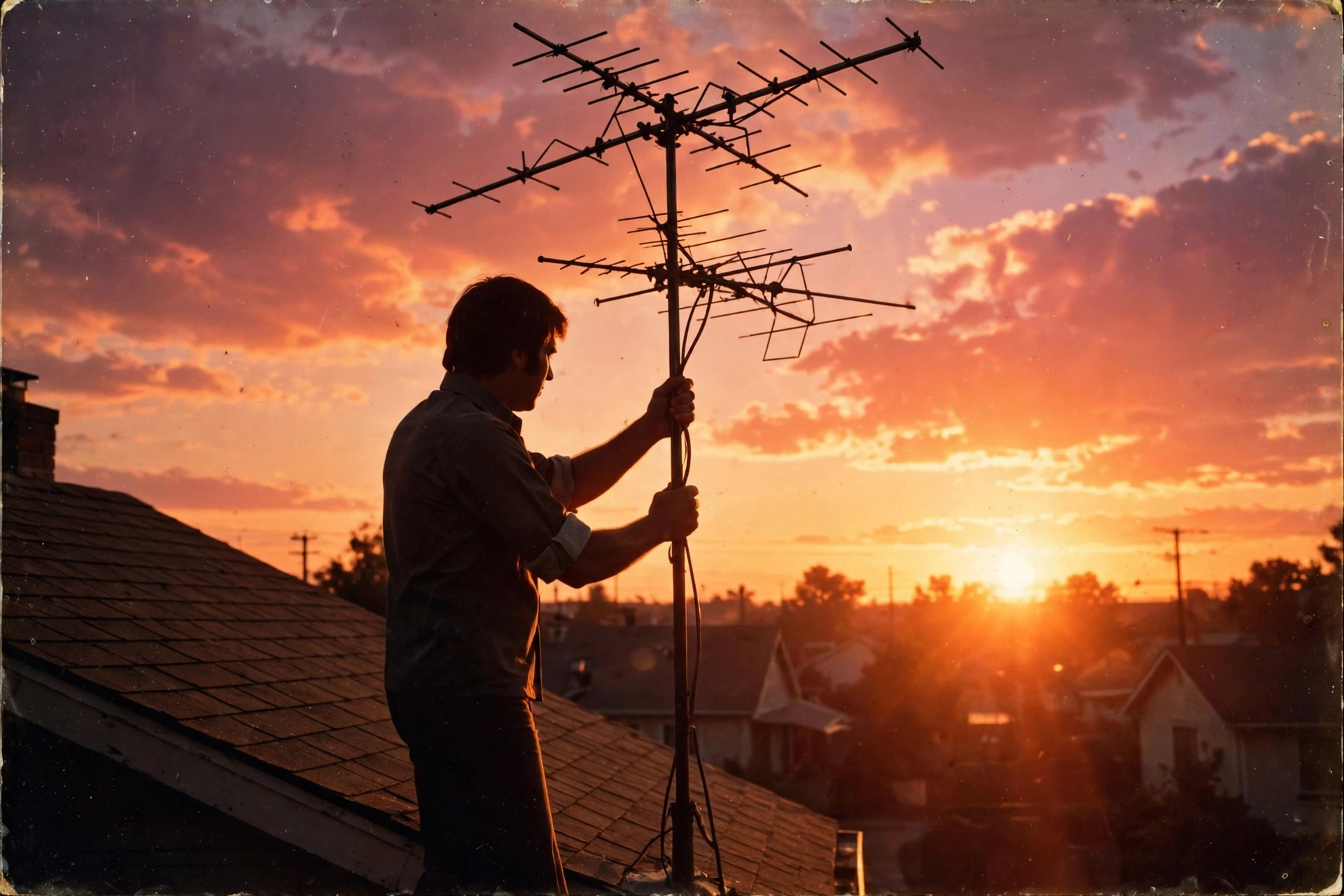 Man on a rooftop turning a tall outdoor TV antenna mast against a glowing sunset sky