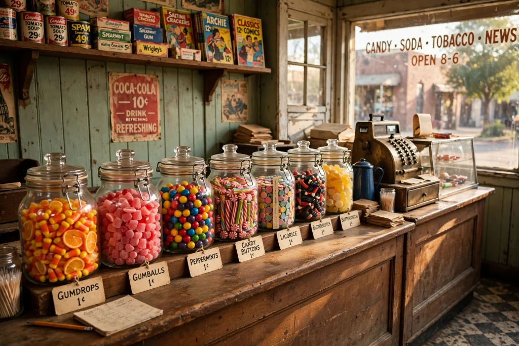 Old-fashioned corner candy store counter with glass jars of colorful penny candy in warm light