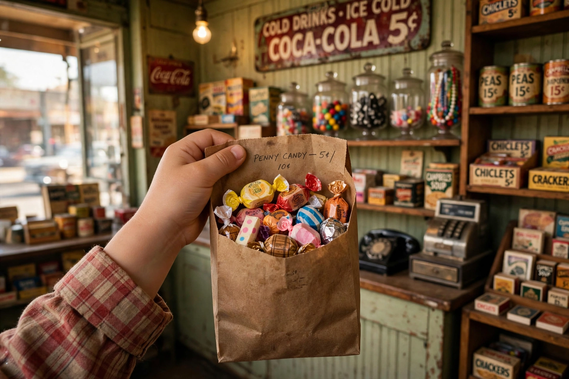 Child's hand holding a small paper bag filled with colorful penny candy from the corner store