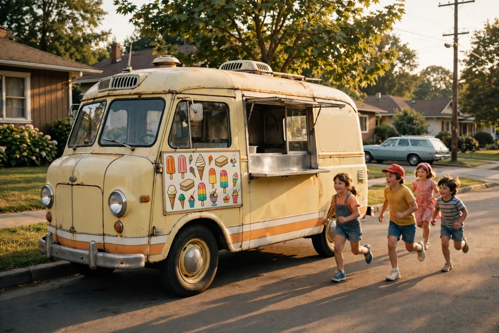 Vintage 1970s ice cream truck on a sunny suburban street with excited kids running toward it