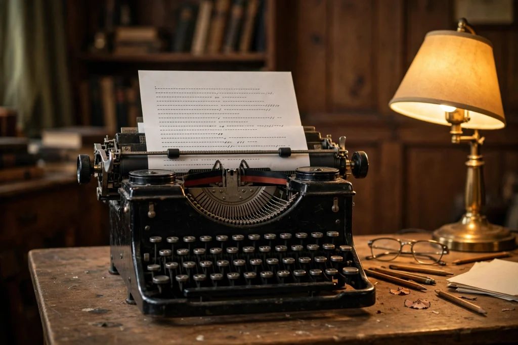 Vintage black manual typewriter on a wooden desk with a typed page, warm lamplight, 1960s study room