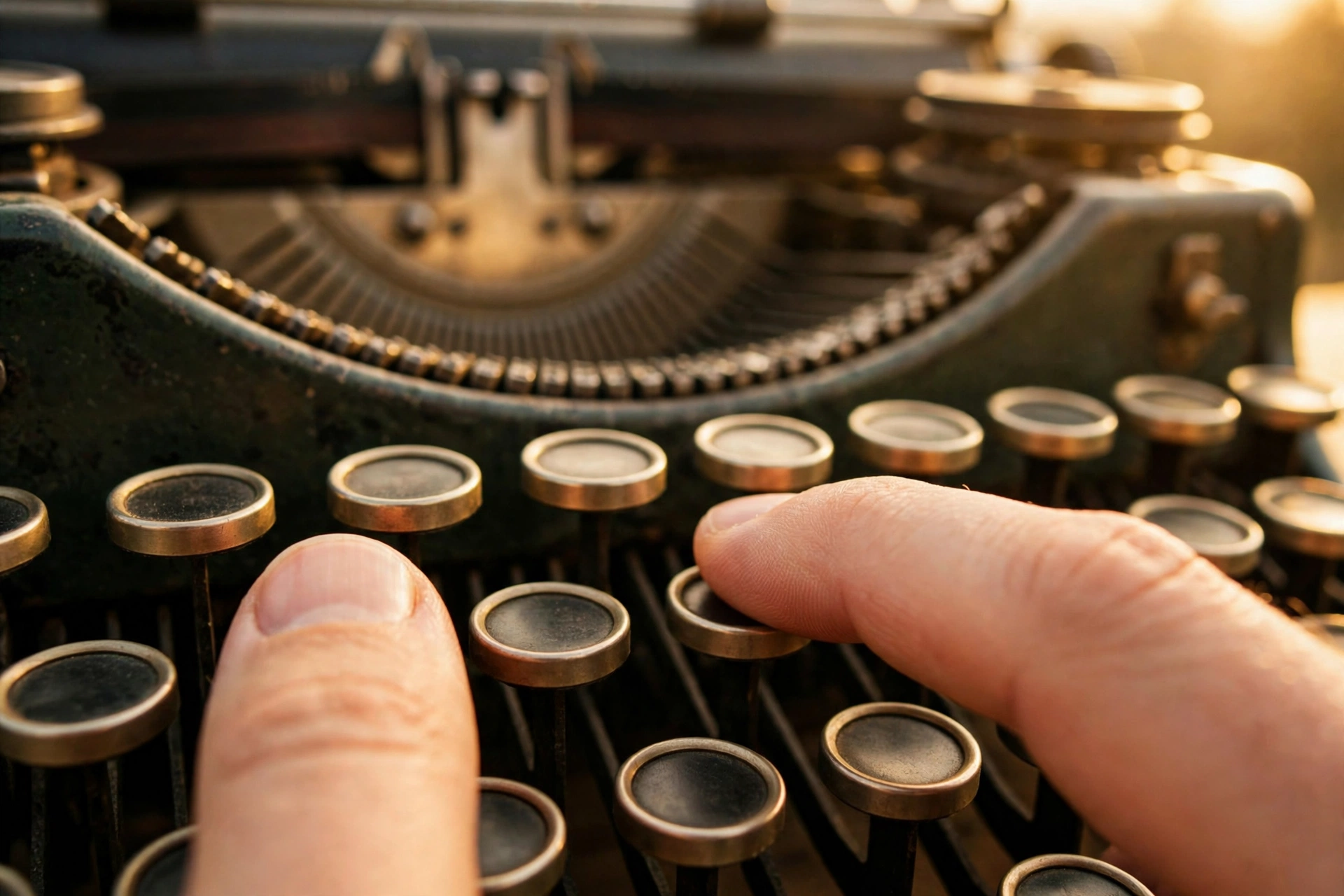 Typewriter: fingers striking the round keys of a vintage manual typewriter in warm golden light