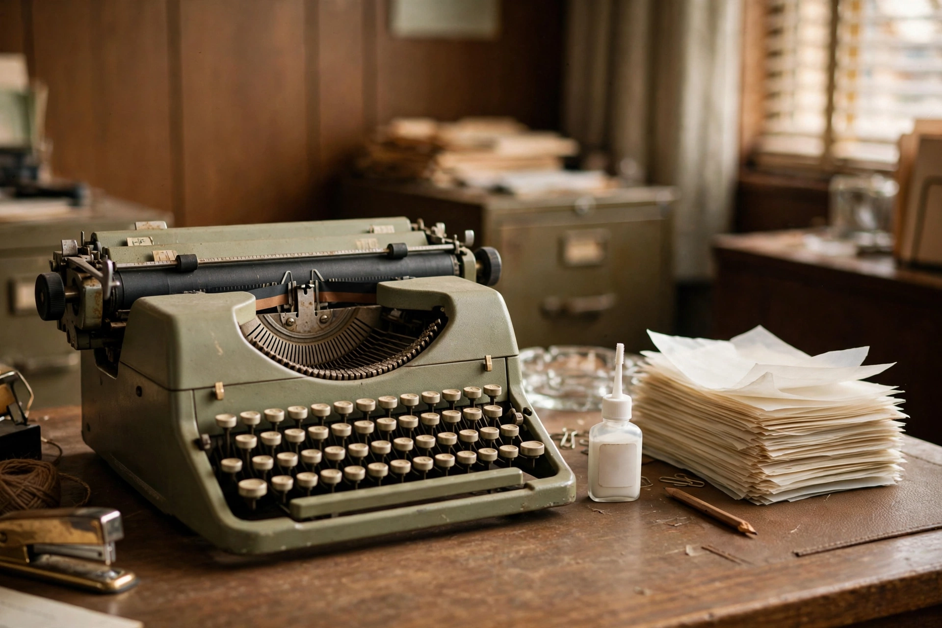 Vintage typewriter desk with a bottle of white correction fluid and a stack of onion-skin paper pages