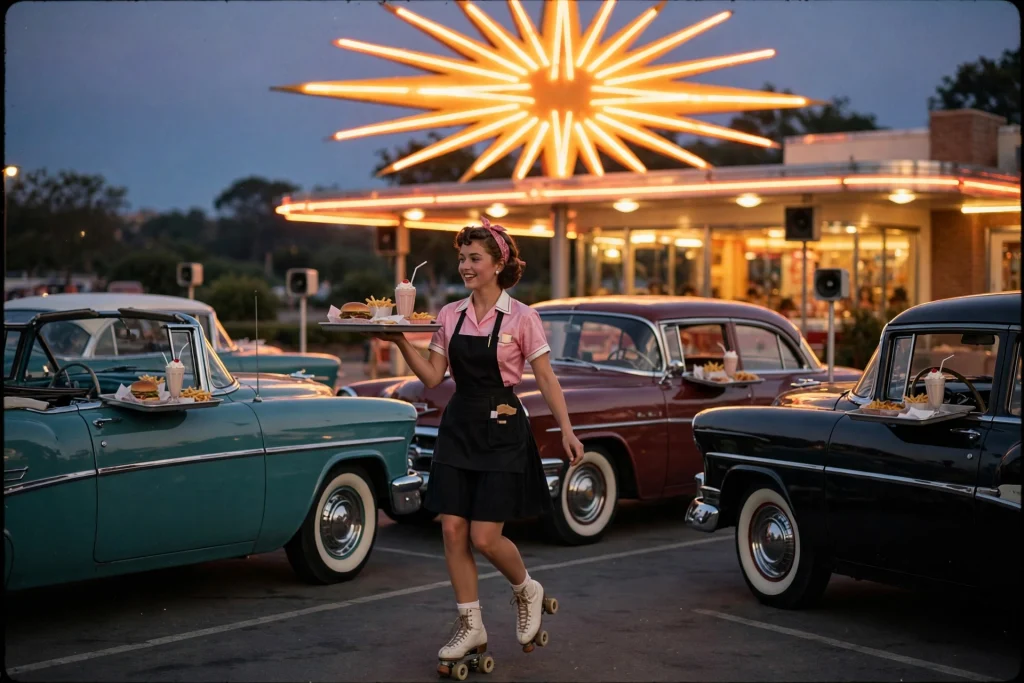 1950s drive-in restaurant at dusk with classic cars, neon sign and a roller-skating carhop carrying a tray