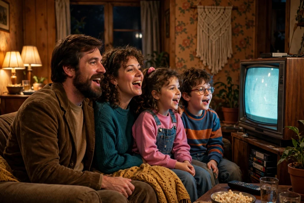 1980s family living room gathered around a glowing CRT TV, singing along together