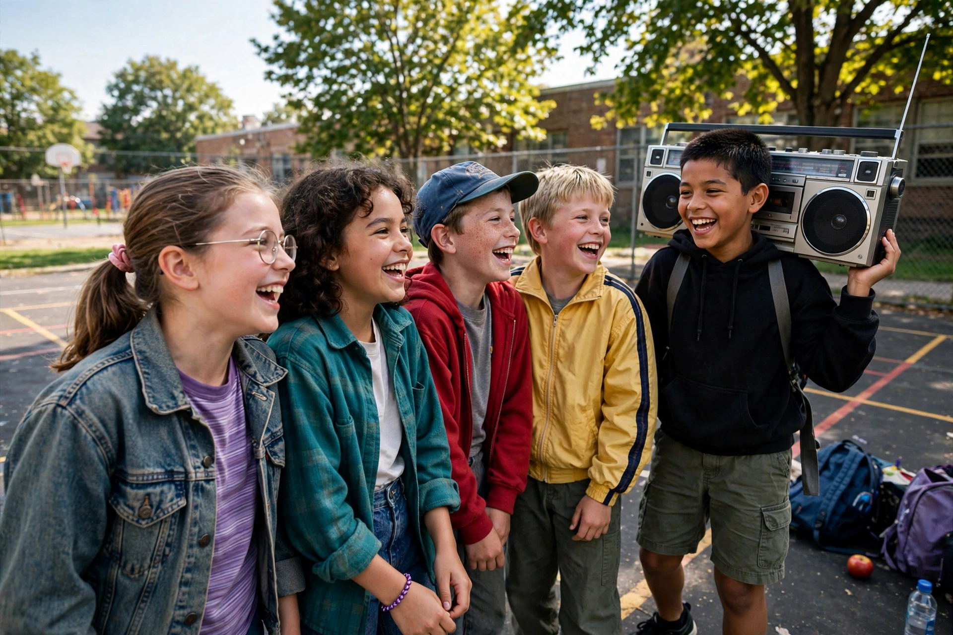 Kids singing together at a sunny 1990s schoolyard recess while one of them holds a boombox on a shoulder