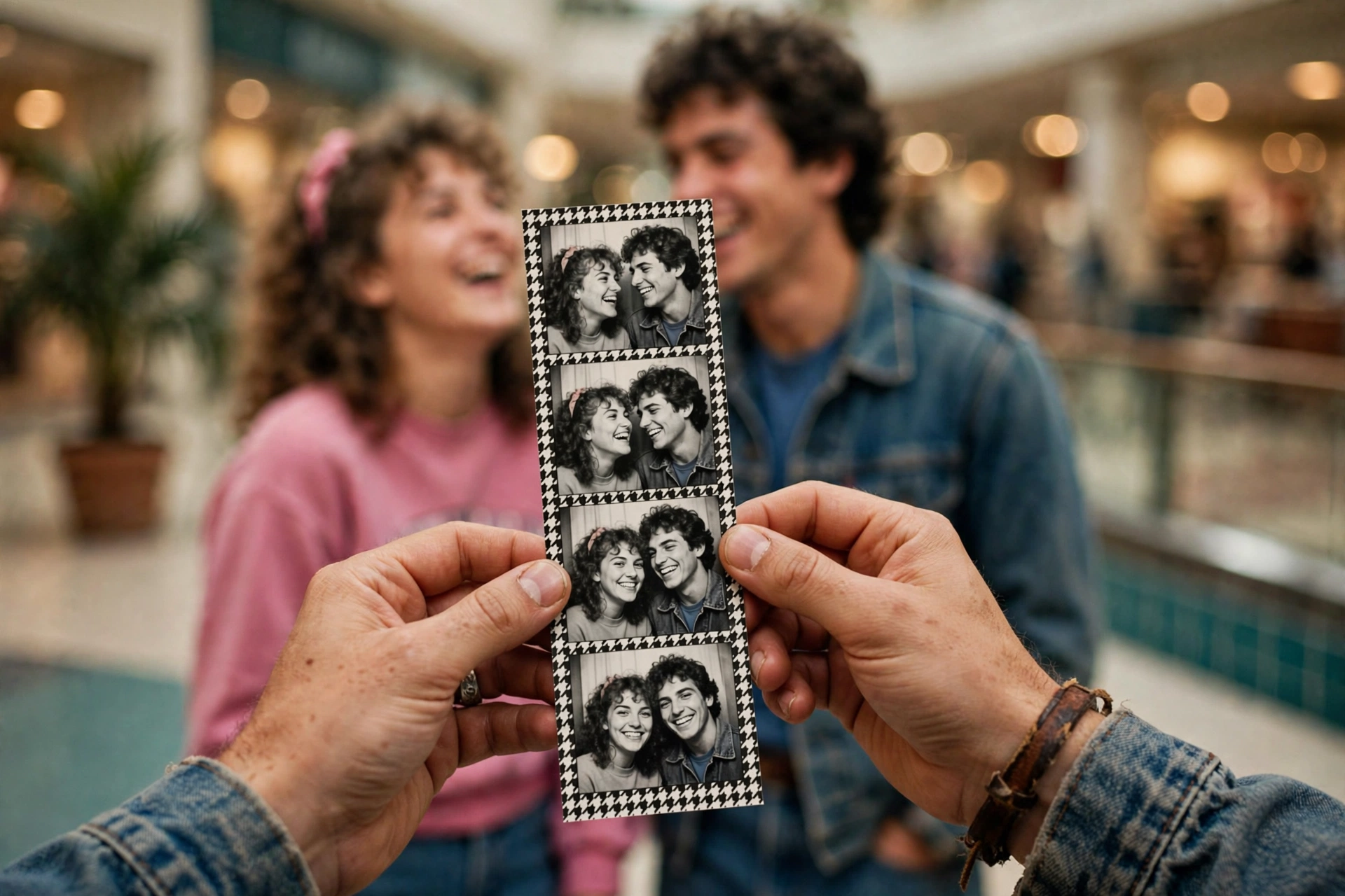 Hands holding a strip of four black-and-white photo booth pictures with a laughing young couple in a 1980s mall behind