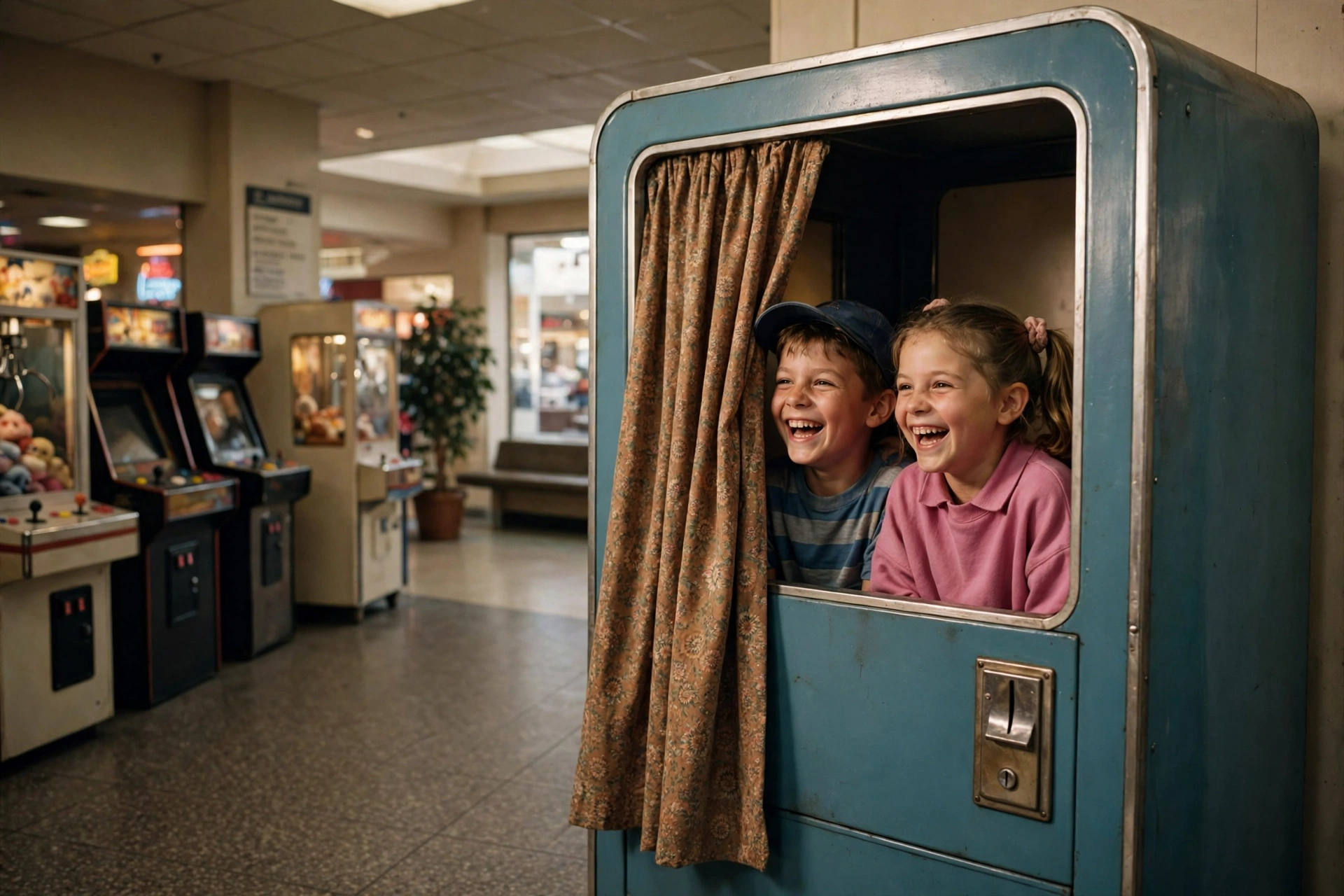 Two laughing kids peeking out of a vintage teal photo booth machine in a 1990s mall arcade corner