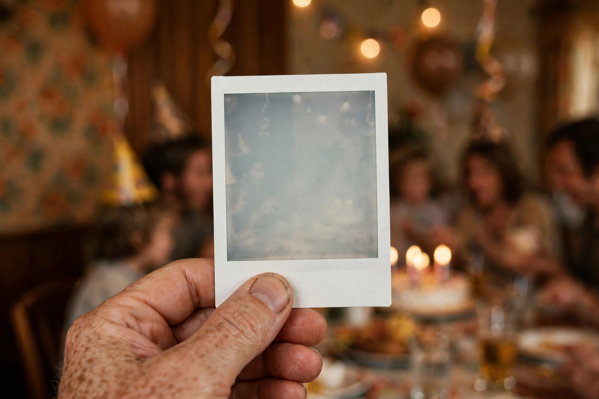 Hand holding a freshly ejected white-bordered instant photo, still developing, at a 1970s family birthday party