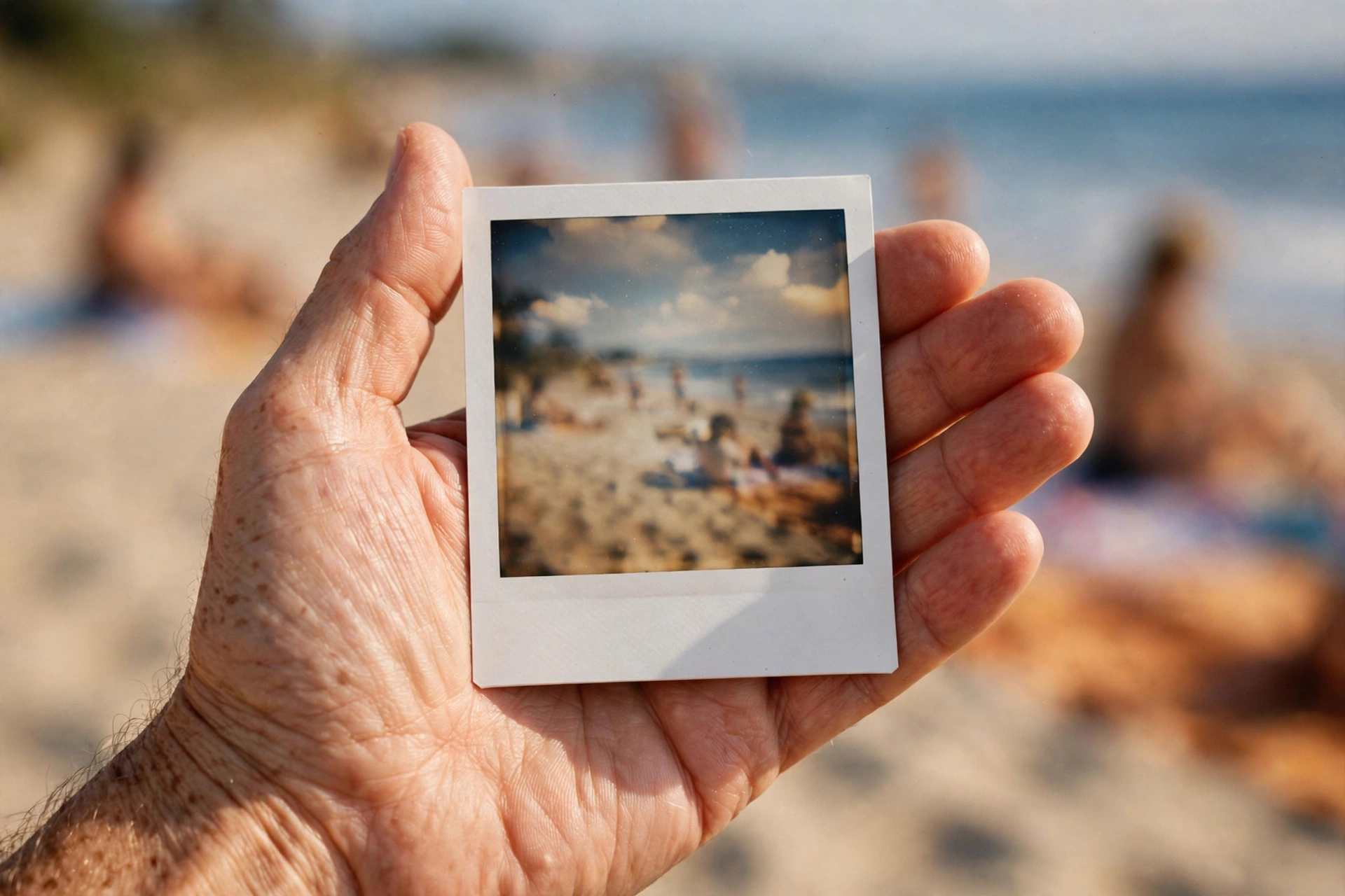 White-bordered instant photo developing in an open palm on a sunny 1980s beach family vacation