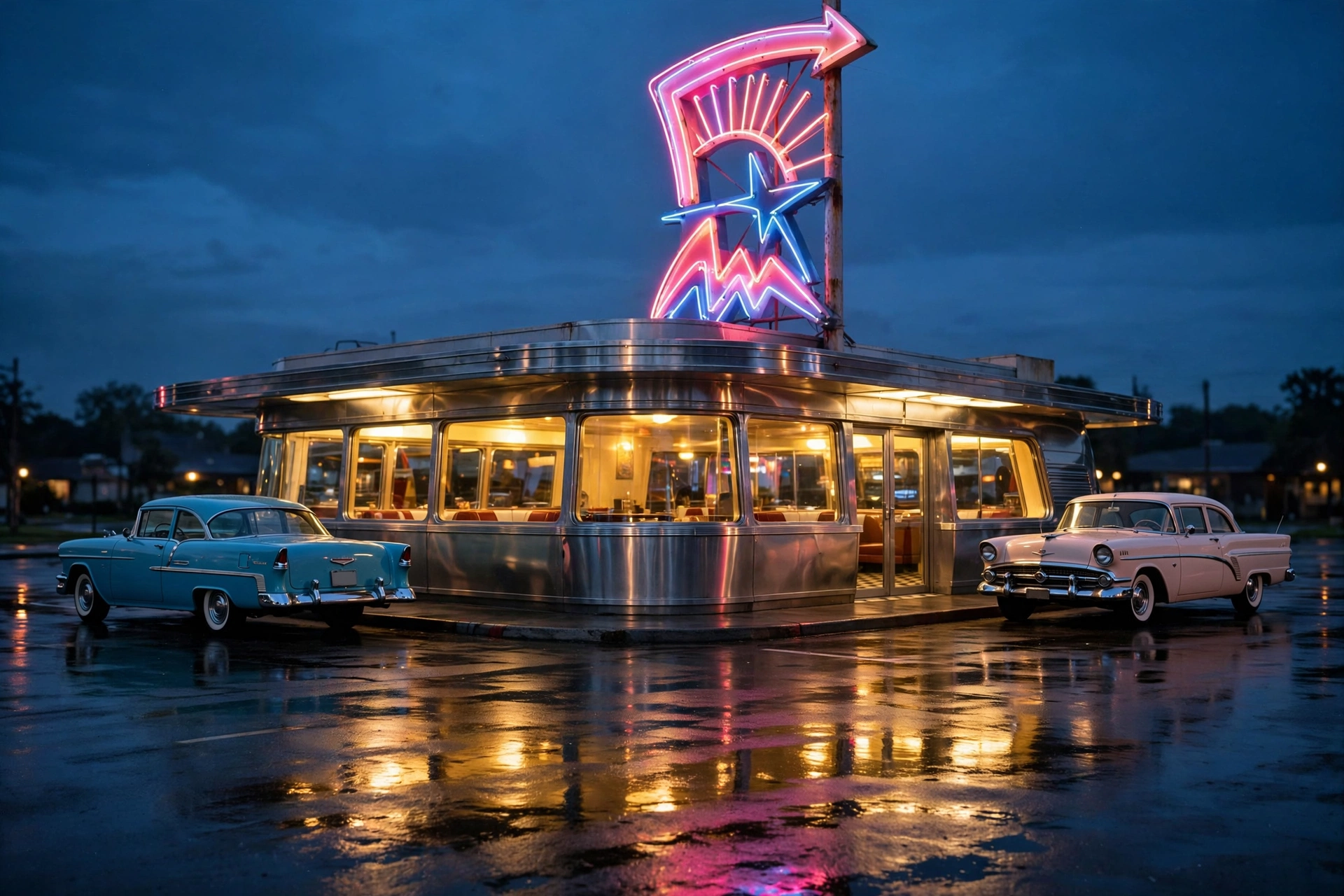 Chrome-sided roadside diner glowing under a pink and blue neon sign at dusk with vintage cars parked out front
