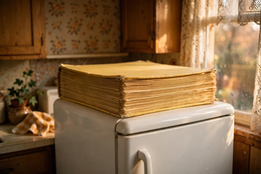 Giant yellow pages phone book memories on a kitchen table with a rotary phone, 1980s home