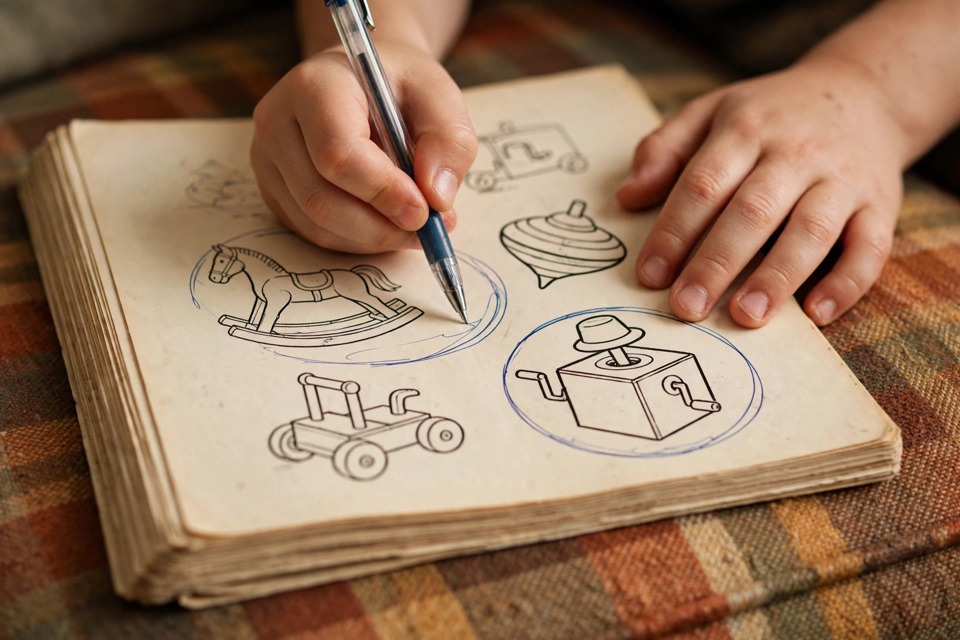 Child's hands circling a rocking horse and other toys with a ballpoint pen in a thick holiday catalog