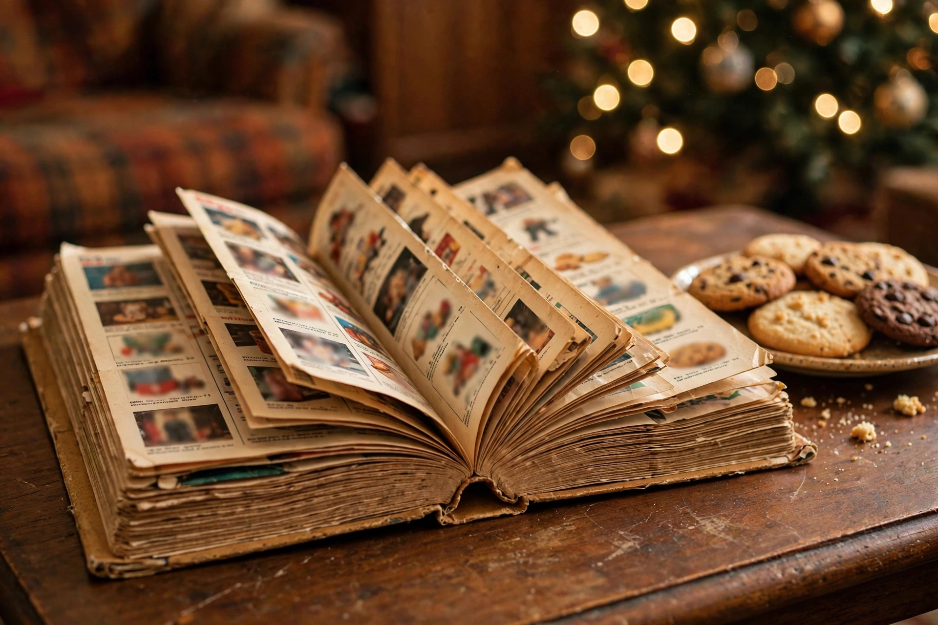 Well-worn dog-eared Christmas catalog with blurred toy pages on a coffee table beside cookies