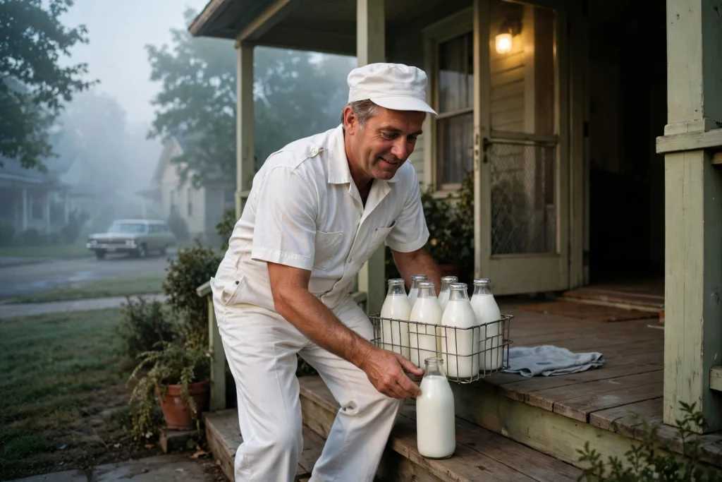 Milkman memories milk delivery: milkman placing glass bottles on a suburban porch at dawn, 1960s