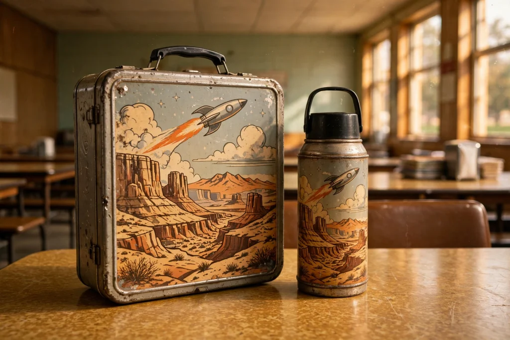 Vintage metal lunchbox memories: embossed lunchbox with rocket artwork and Thermos bottle, 1970s lunchroom