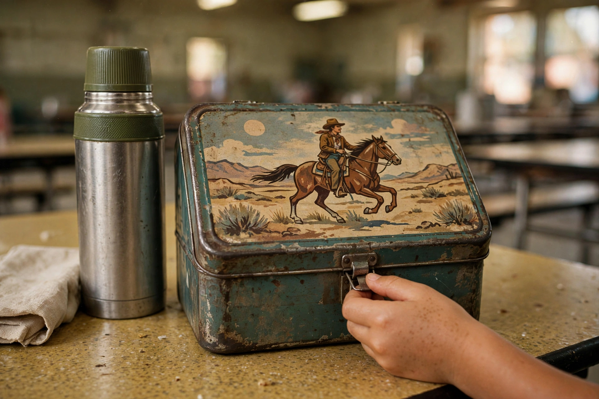 Vintage metal lunchbox memories: child's hand unlatching a worn metal lunchbox with cowboy artwork in a 1970s lunchroom