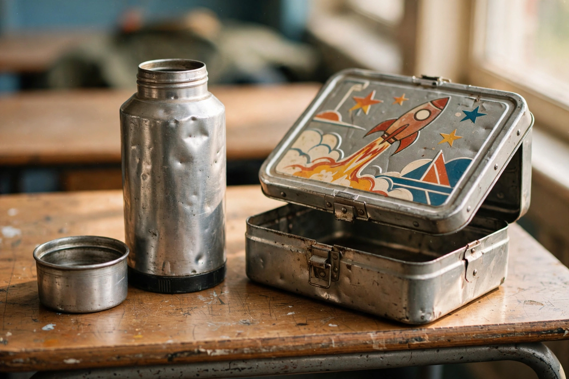 Vintage metal lunchbox memories: open lunchbox with rocket artwork and Thermos bottle with cup lid on a 1970s school desk
