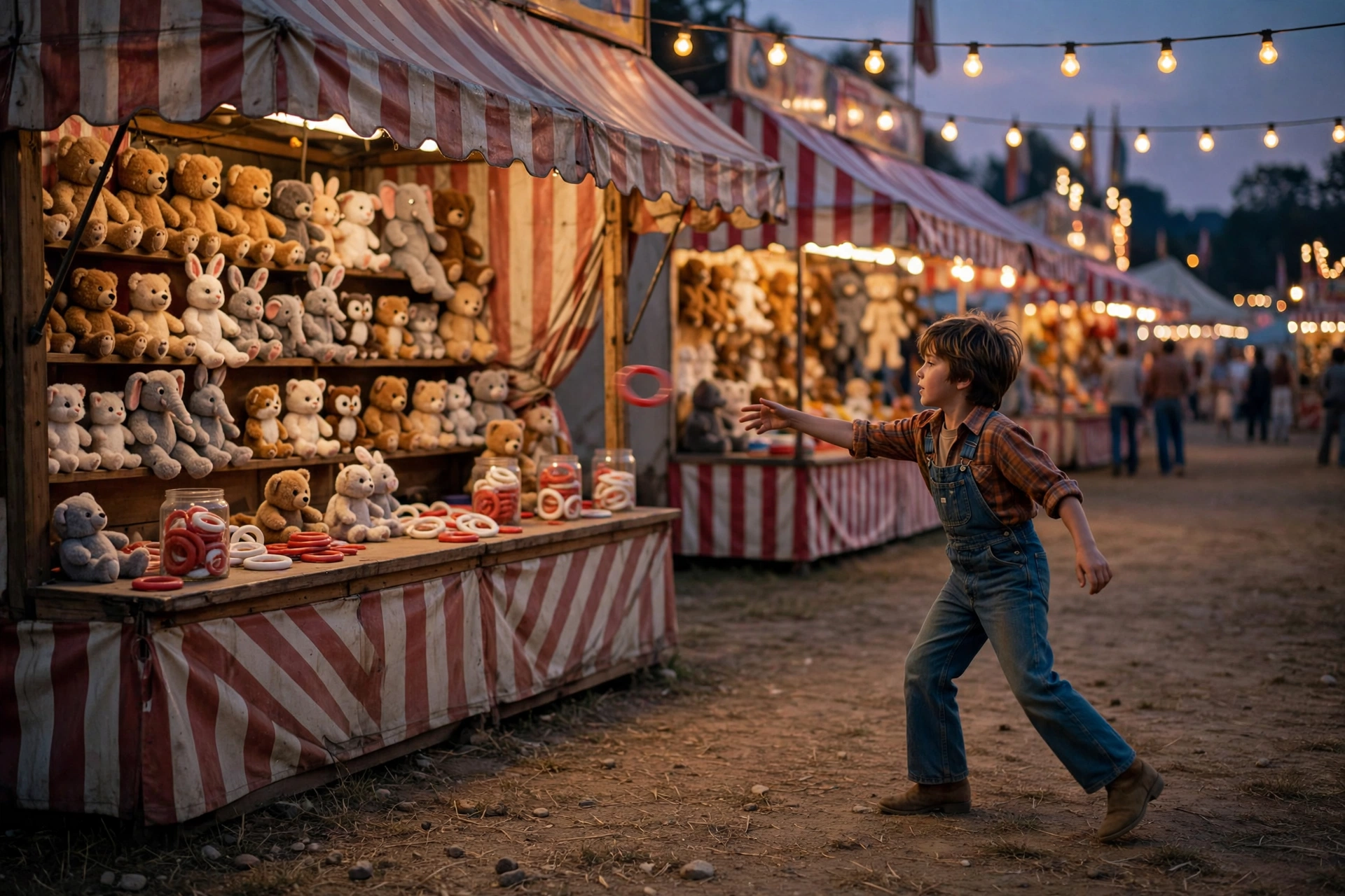 County fair carnival memories: boy tossing a ring at a stuffed-animal midway game booth, 1970s carnival