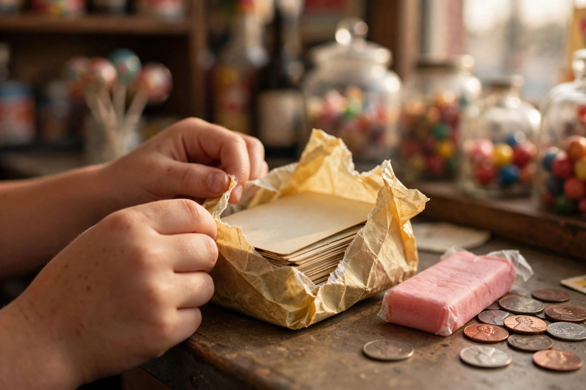 Baseball card collecting memories: child's hands tearing open a wax pack of cards on a corner store counter