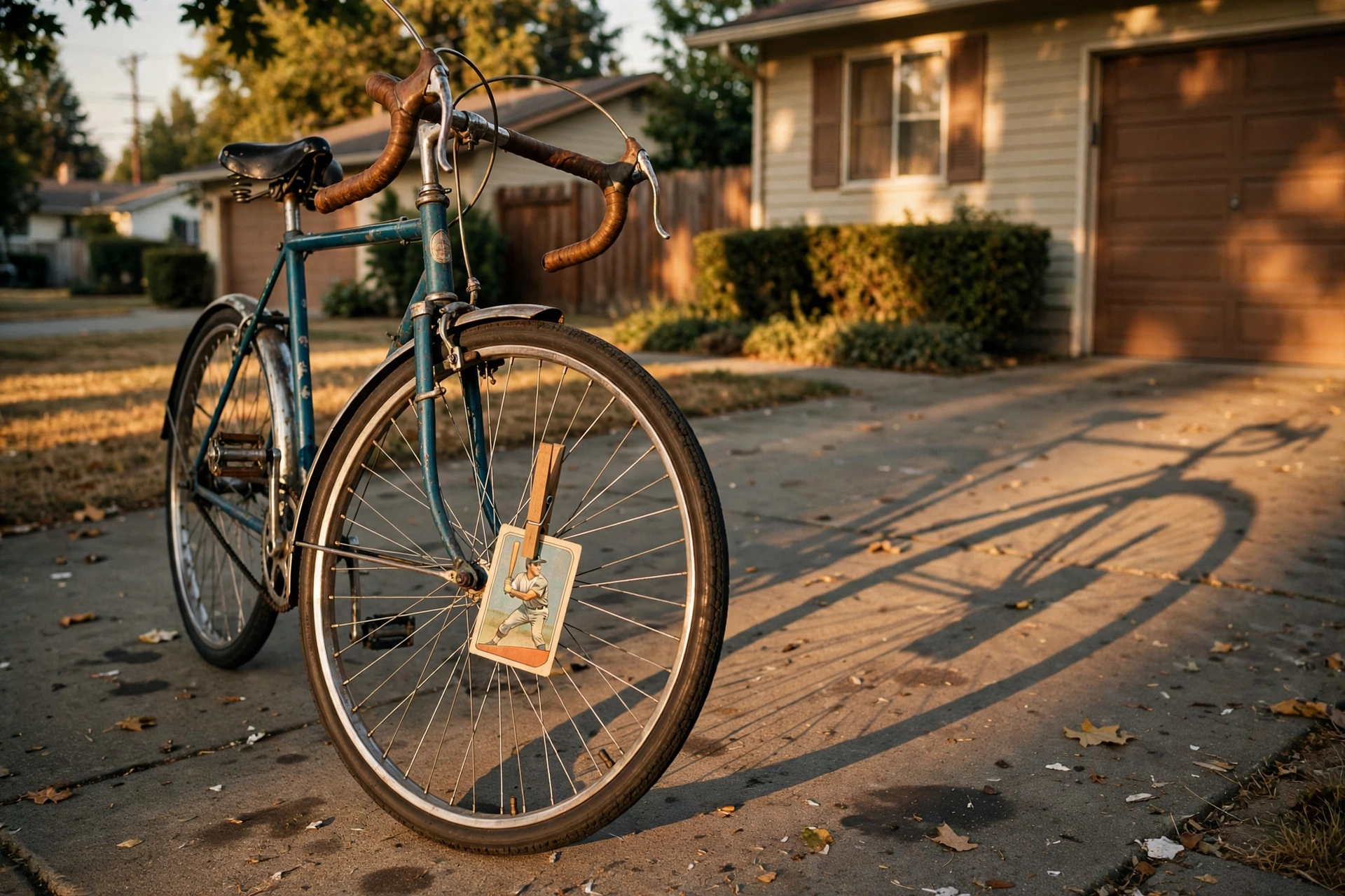 Baseball card collecting memories: vintage bicycle with a card clipped by a clothespin to the spokes