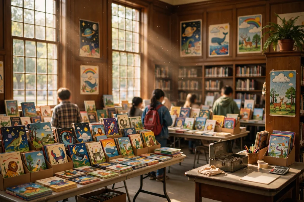 Scholastic book fair memories: 1990s school library book fair, colorful children's books on tables, warm sunlight