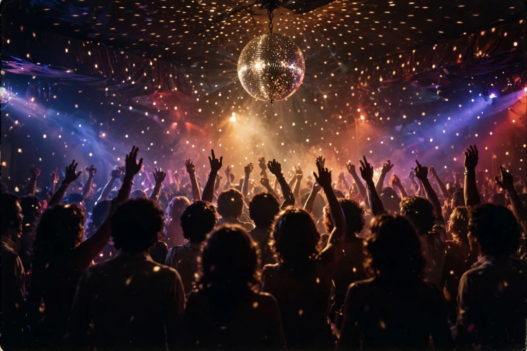 Disco era memories: mirror ball scattering light over a packed 1970s dance floor of dancers