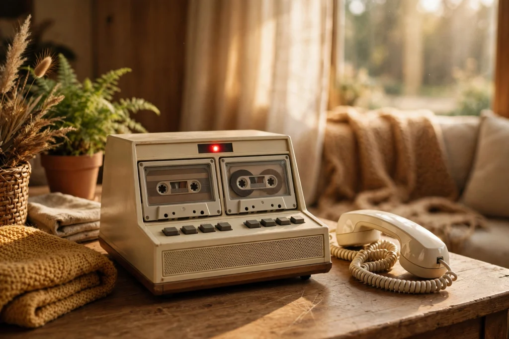 Vintage answering machine memories: 1980s dual-cassette telephone machine with blinking red light beside a corded phone