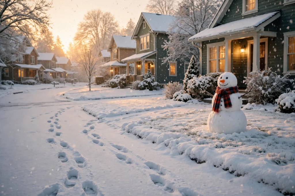Snow day childhood memories: snowman on a snowy suburban street at dawn, warm glowing windows