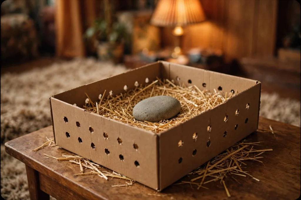 Pet rock craze of 1975: smooth gray stone resting on straw inside a cardboard pet carrier box with air holes