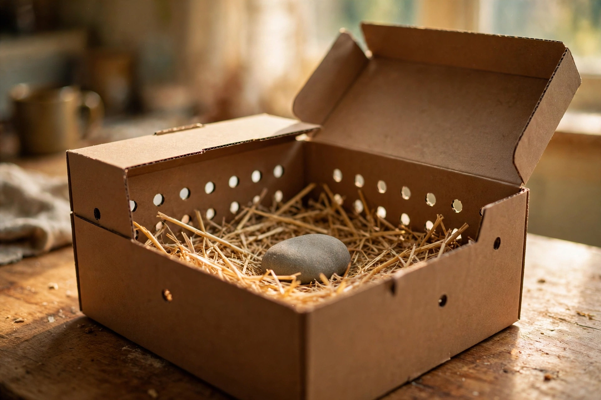 Close-up of a smooth gray stone on golden straw inside an open cardboard pet box with ventilation holes in warm light